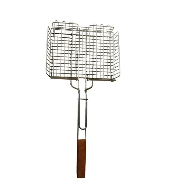 BBQ Grill Basket Barbecue Meat Fish Vegetable Holder 12 x 26 Wood Handle - Picture 1 of 7
